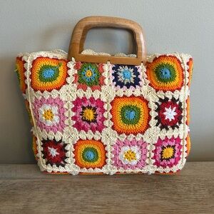 Womens Street Level Boho Crocheted Lined Handbag Granny Square Tote Multicolor